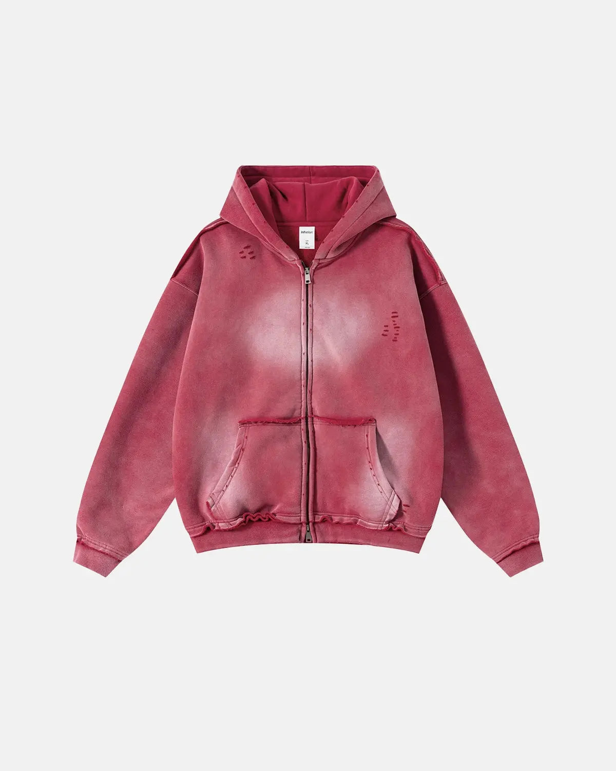 Washed distressed zip-up hoodie with hood, long sleeves and front pouch pockets