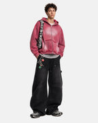 Washed distressed zip-up hoodie with hood, long sleeves and front pouch pockets