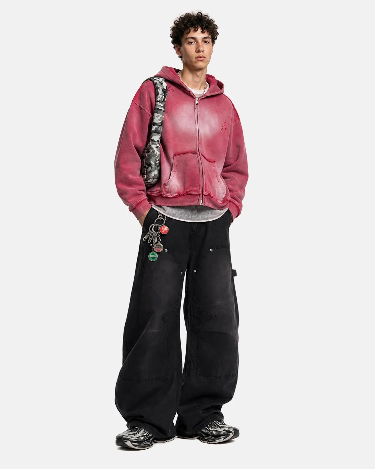 Washed distressed zip-up hoodie with hood, long sleeves and front pouch pockets