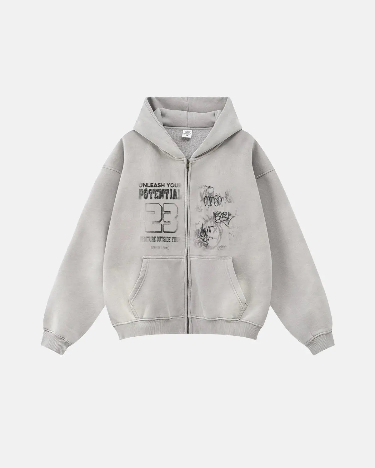 Graphic zip-up hoodie with hood, chest artwork and front pouch pockets