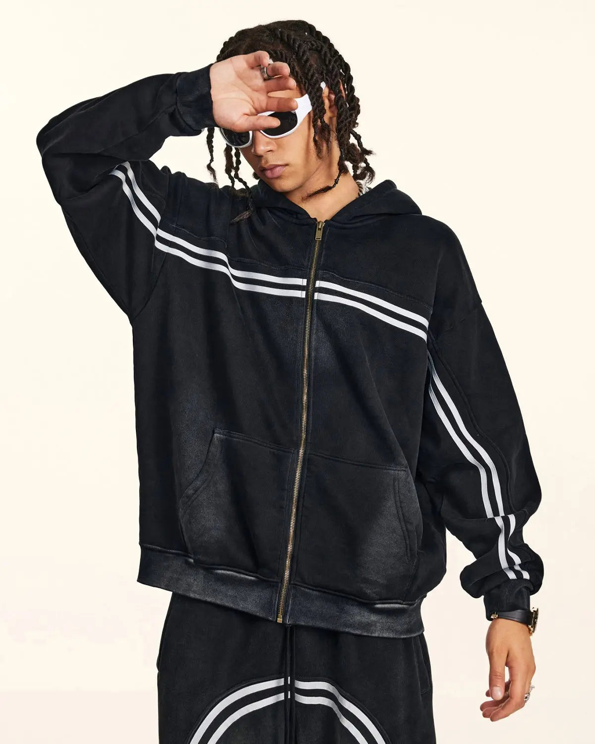 Black men's hooded zip-up hoodie with contrasting chest and sleeve stripes