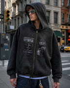 Graphic zip-up hoodie with hood, chest artwork and front pouch pockets