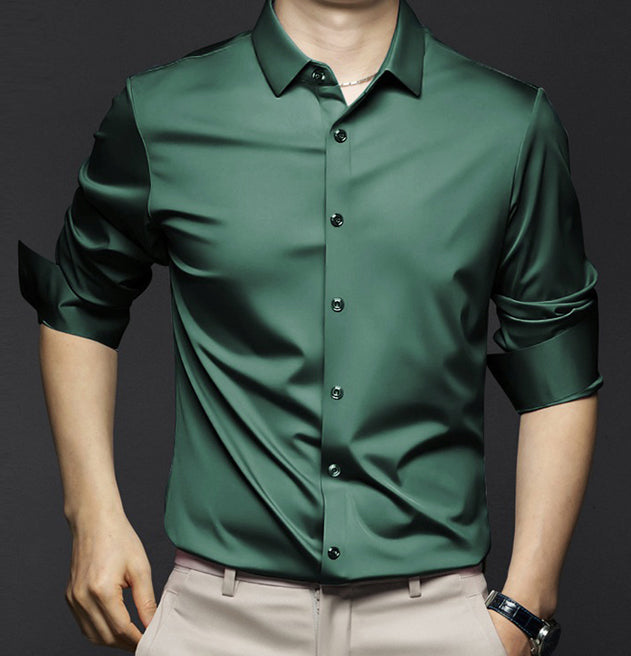 Men's slim fit plain button shirt with pointed collar and rolled sleeves