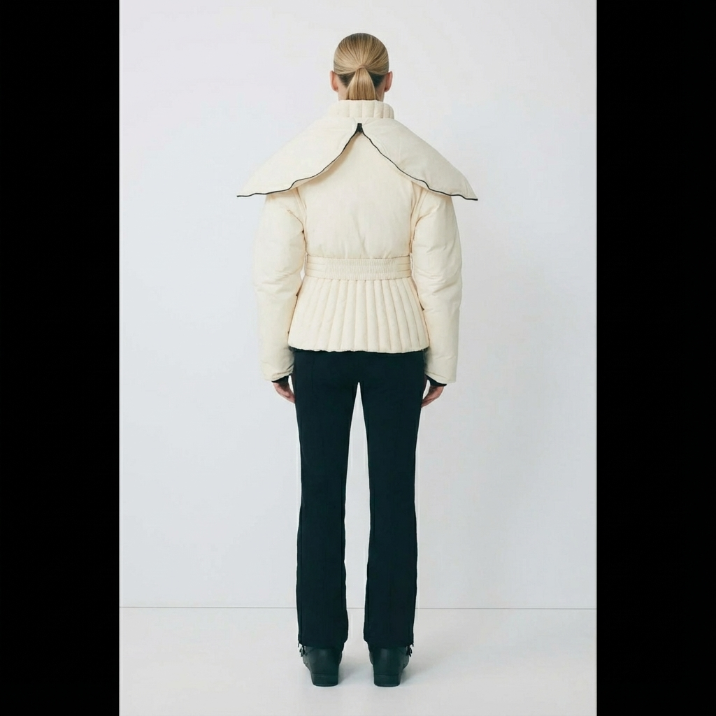 Women's hooded quilted ski jacket with belted waist and long sleeves