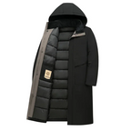 Men's long padded hooded winter coat with high collar and flap pockets