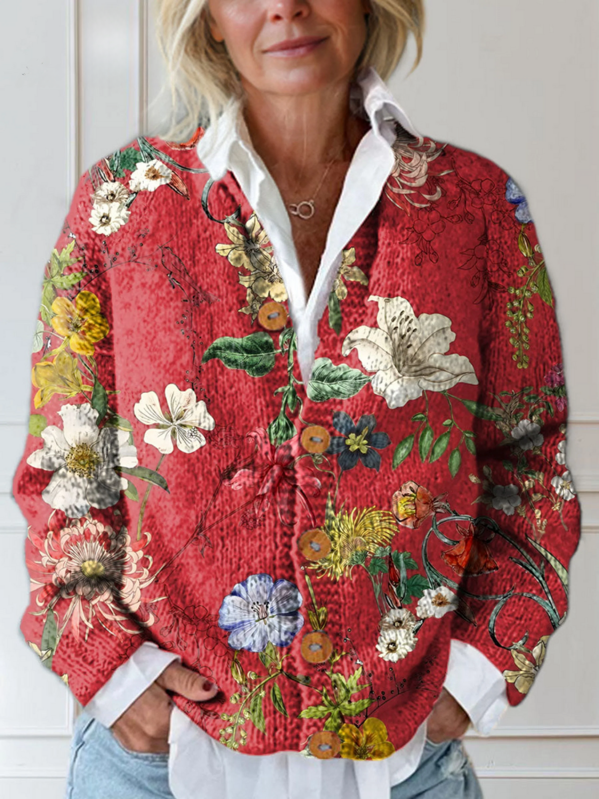 Women's long-sleeve floral button shirt with a collared neckline