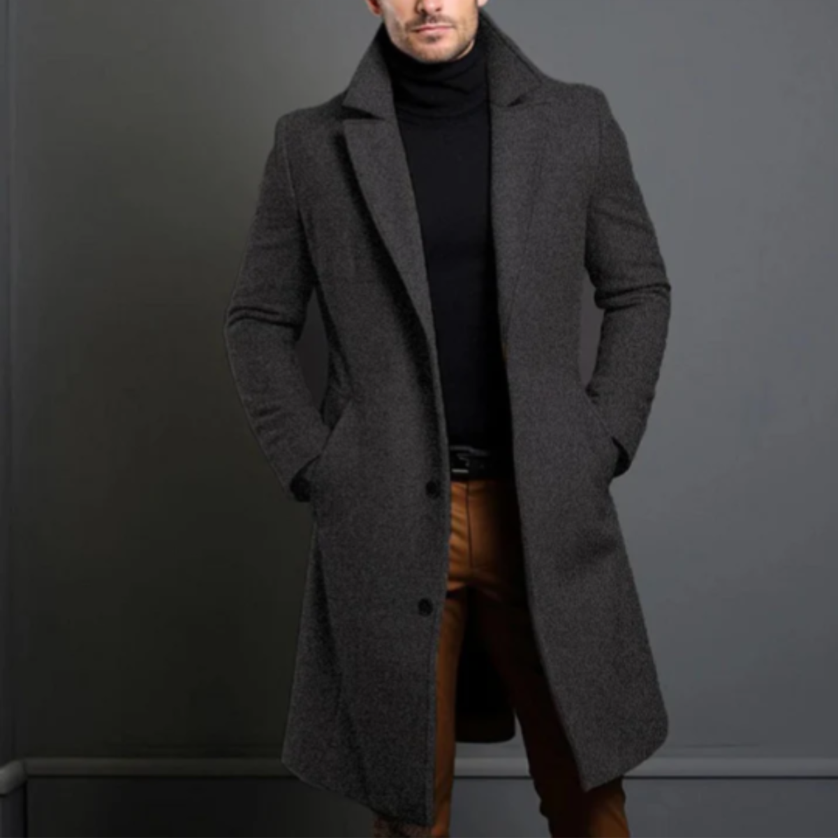 Men's long overcoat with notched lapels, button front and side pockets