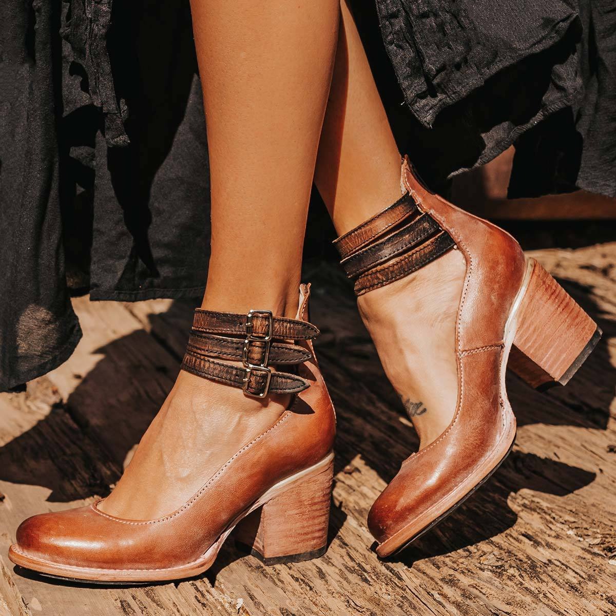 Women's closed-toe block heel shoes with multiple buckle ankle straps
