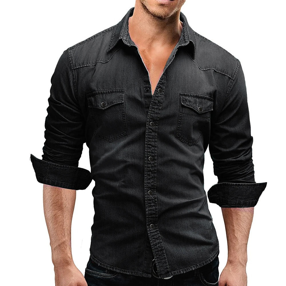 Men's long-sleeve button-front shirt with two flap chest pockets