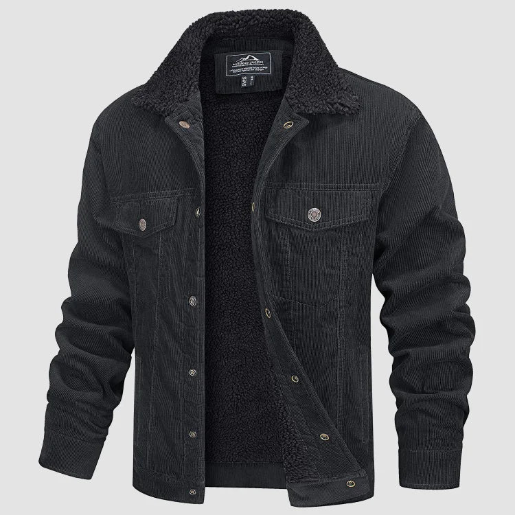 Men's corduroy-style jacket with sherpa-style collar, snap fastening and pockets