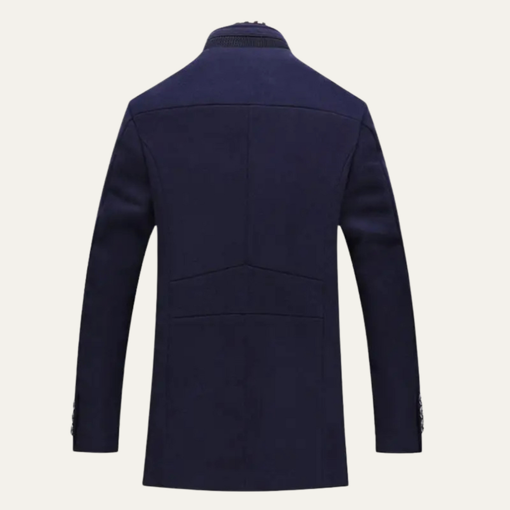Men's structured stand collar overcoat with long sleeves, button front and multiple pockets
