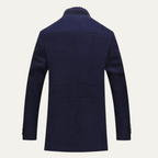 Men's structured stand collar overcoat with long sleeves, button front and multiple pockets