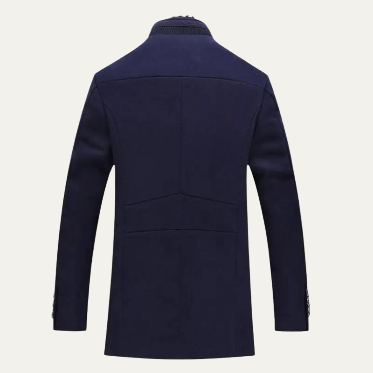 Men's structured stand collar overcoat with long sleeves, button front and multiple pockets