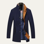 Men's structured stand collar overcoat with long sleeves, button front and multiple pockets
