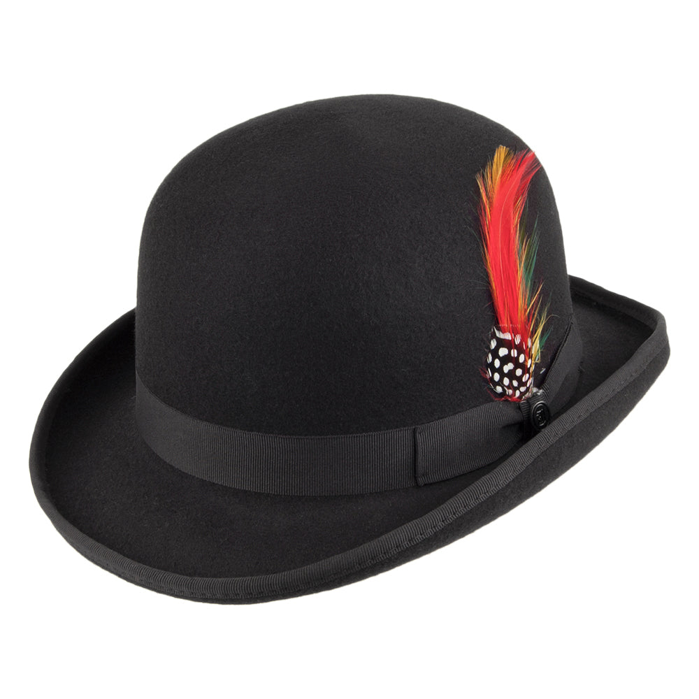 Black bowler hat with curved brim, band and colourful feather detail