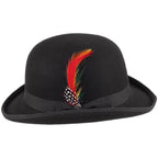 Black bowler hat with curved brim, band and colourful feather detail