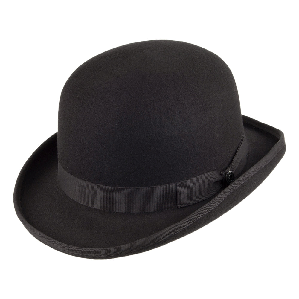 Black bowler hat with curved brim, band and colourful feather detail