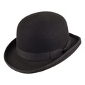 Black bowler hat with curved brim, band and colourful feather detail