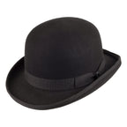 Black bowler hat with curved brim, band and colourful feather detail