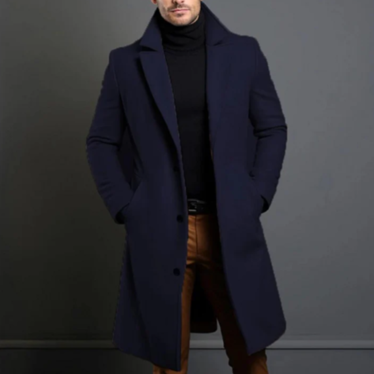 Men's long overcoat with notched lapels, button front and side pockets