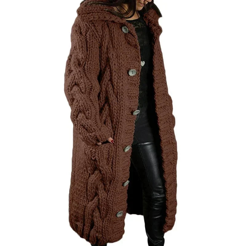 Women's longline cable knit hooded cardigan with button front