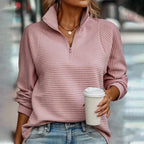Women's ribbed quarter-zip sweater with high collar and long sleeves