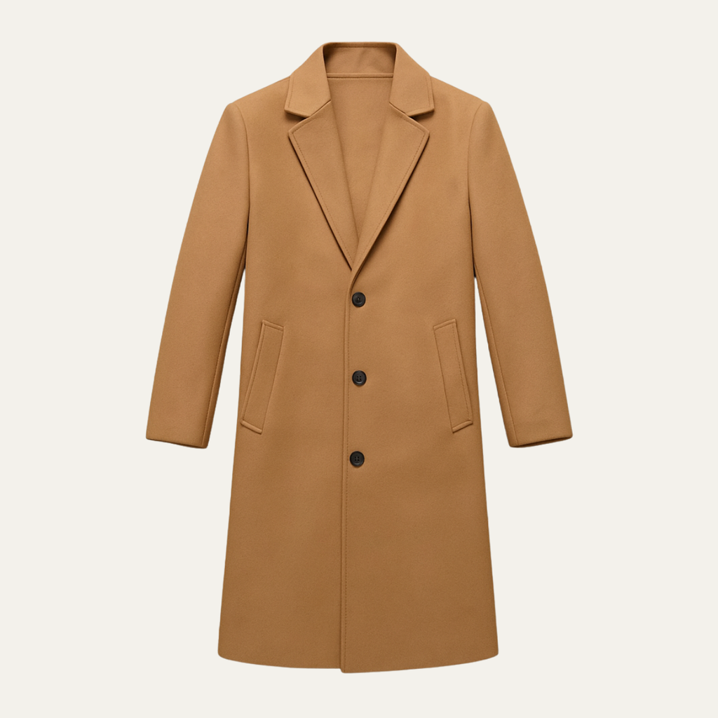 Men's long button-front overcoat with notch lapels and side pockets