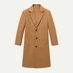 Men's long button-front overcoat with notch lapels and side pockets