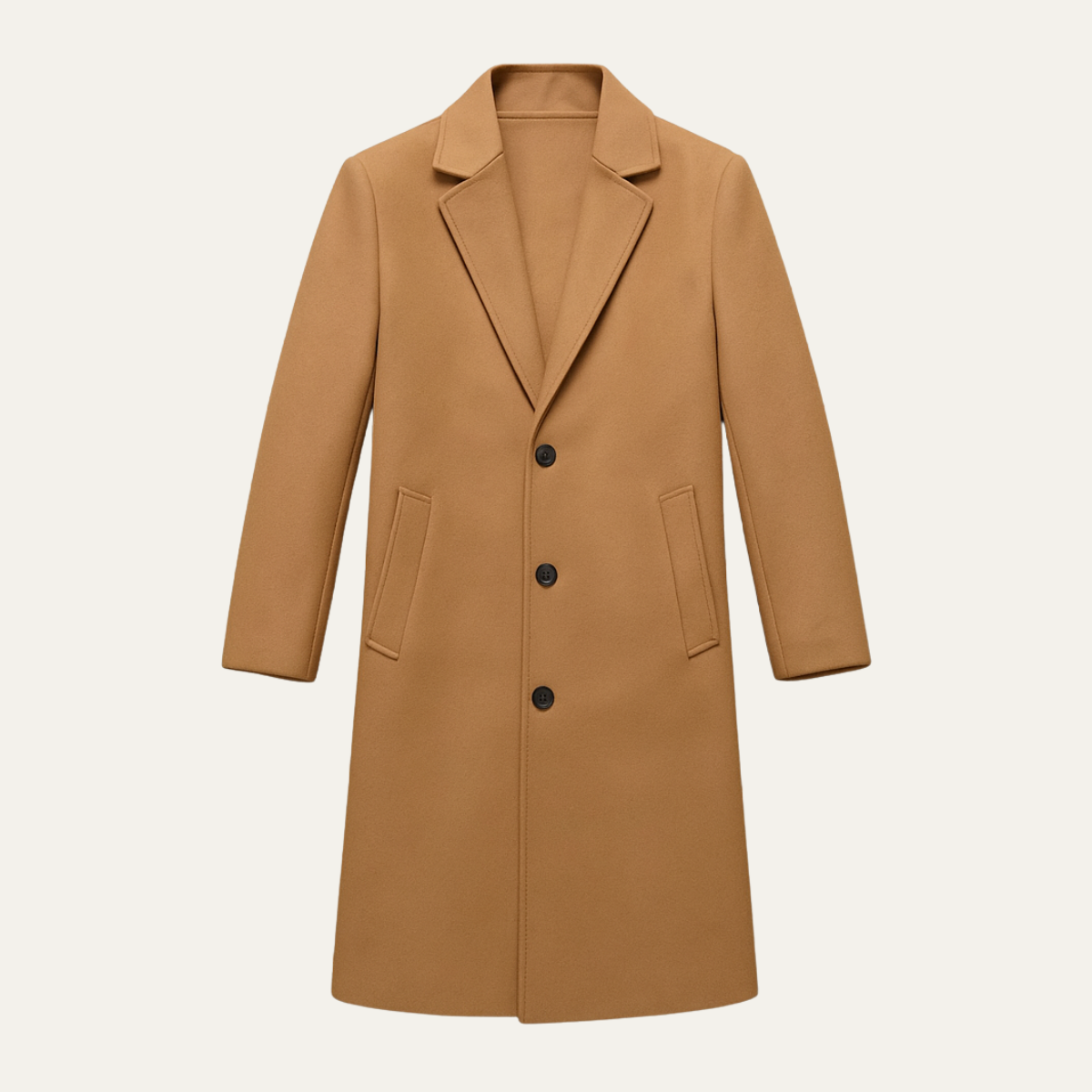 Men's long button-front overcoat with notch lapels and side pockets