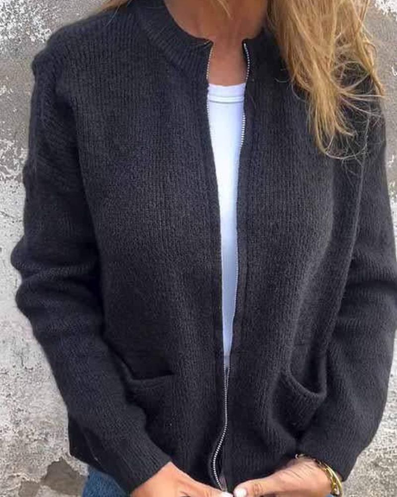 Women's textured knit cardigan with zip front and patch pockets