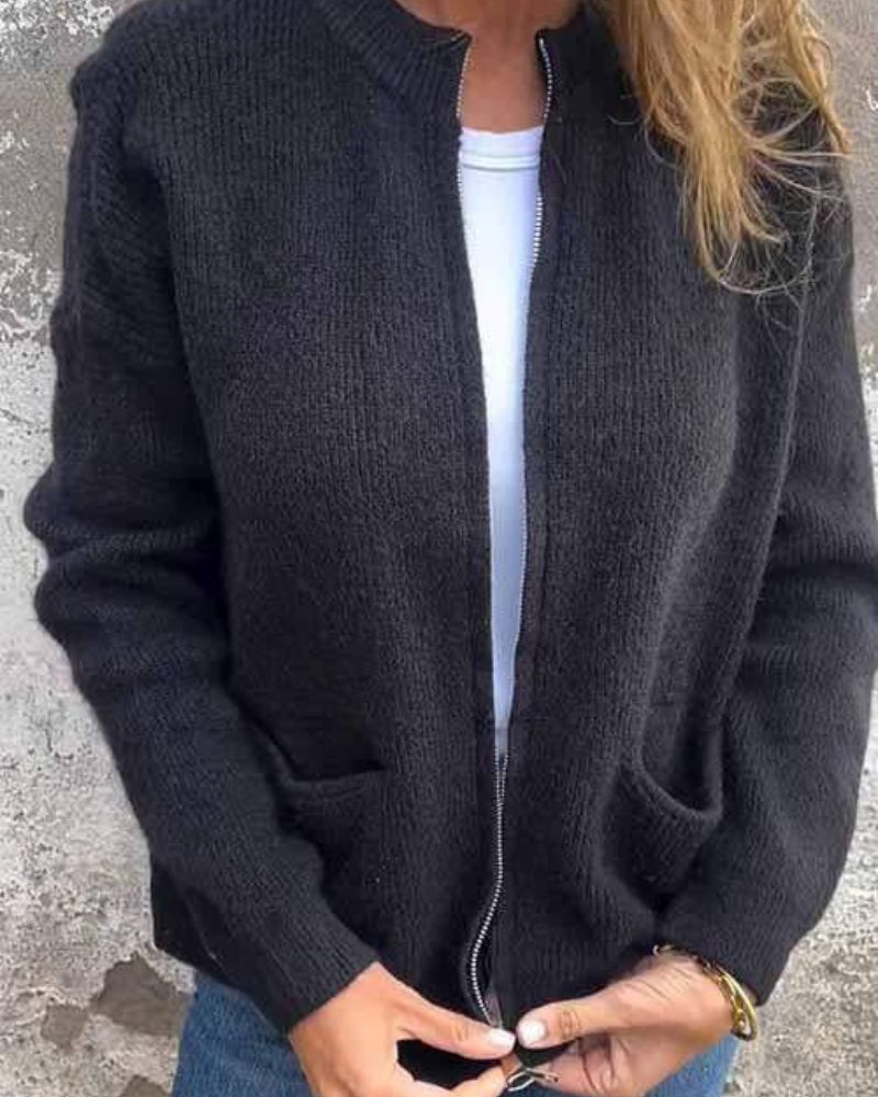 Women's textured knit cardigan with zip front and patch pockets