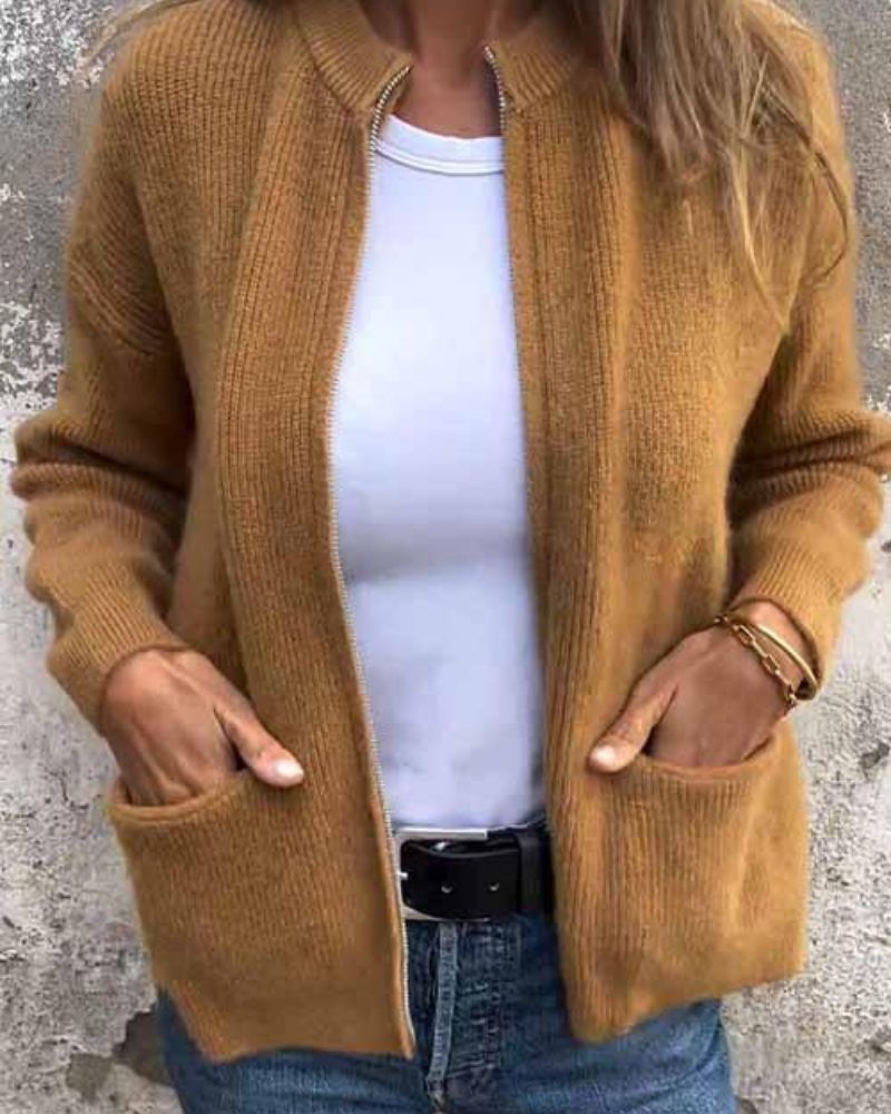 Women's textured knit cardigan with zip front and patch pockets
