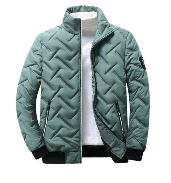 Men's quilted jacket with stand collar, zip front and angled zipped pockets