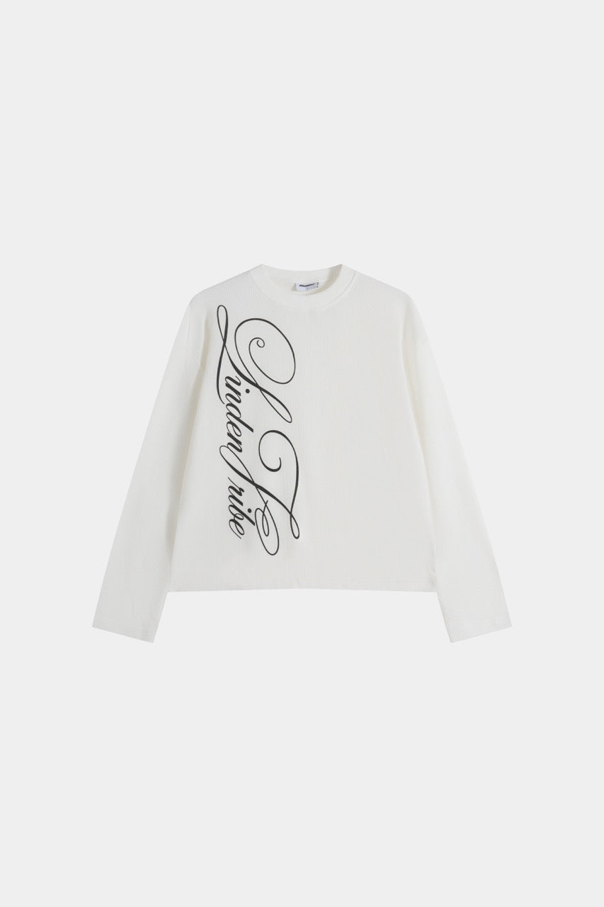 Men's white waffle sweatshirt with dark script front graphic