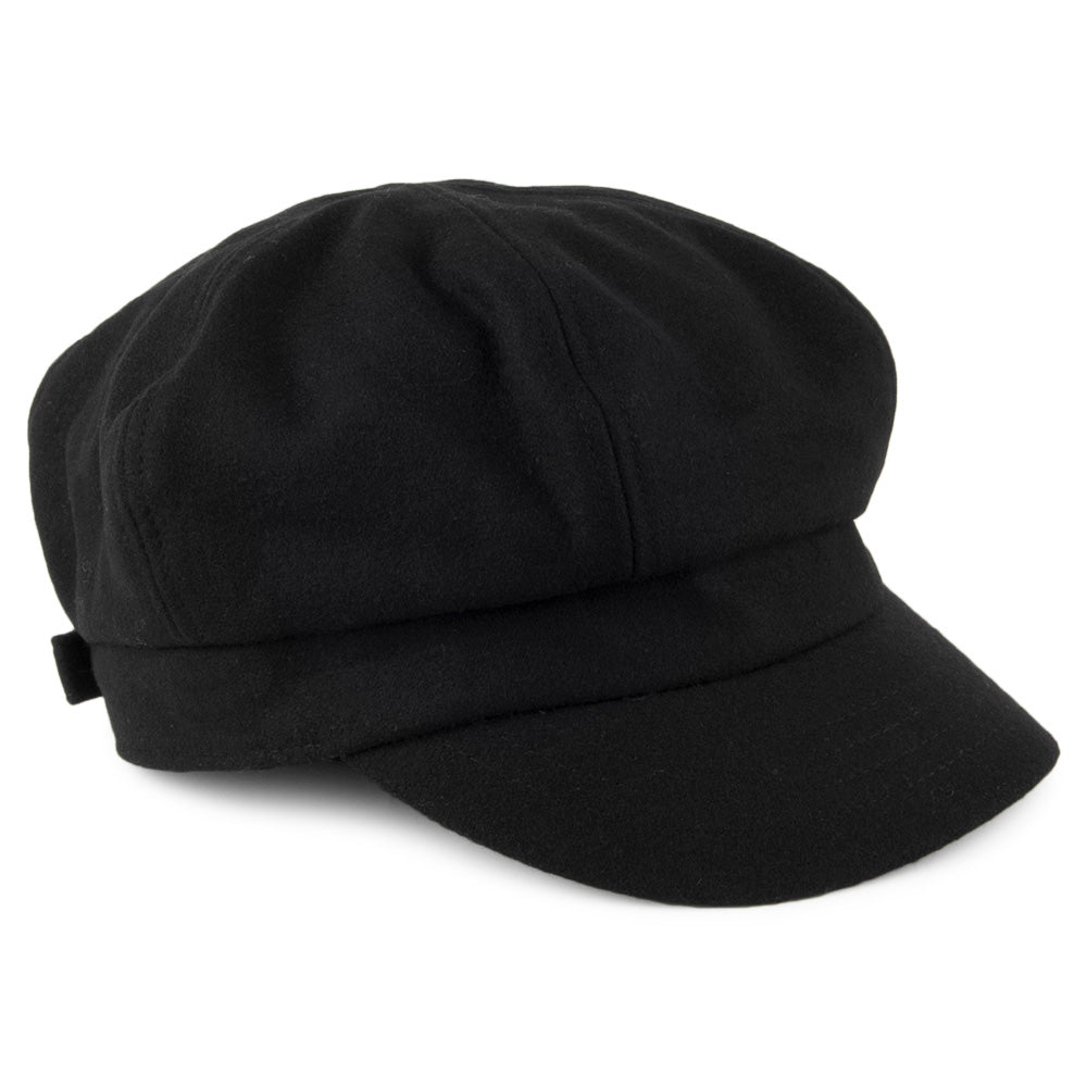 Black women's baker boy cap with rounded panelled crown and short curved brim