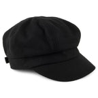 Black women's baker boy cap with rounded panelled crown and short curved brim