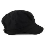 Black women's baker boy cap with rounded panelled crown and short curved brim