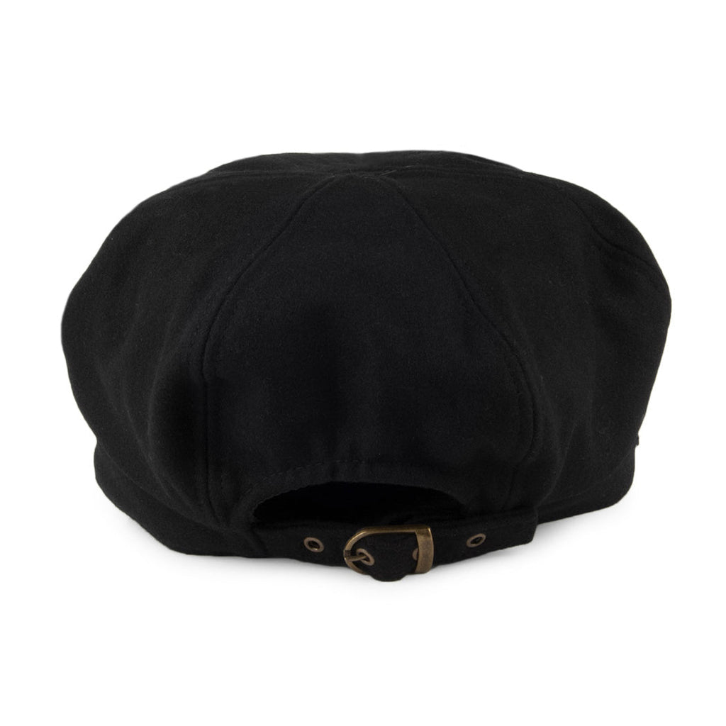 Black women's baker boy cap with rounded panelled crown and short curved brim