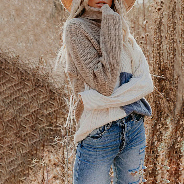 Women's multicoloured colour block cable knit turtleneck jumper