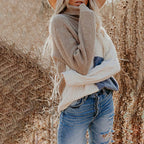 Women's multicoloured colour block cable knit turtleneck jumper