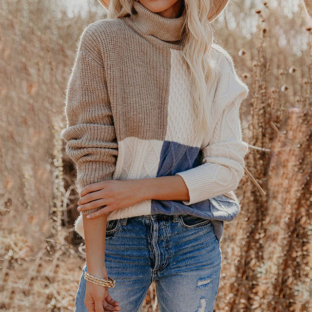 Women's multicoloured colour block cable knit turtleneck jumper