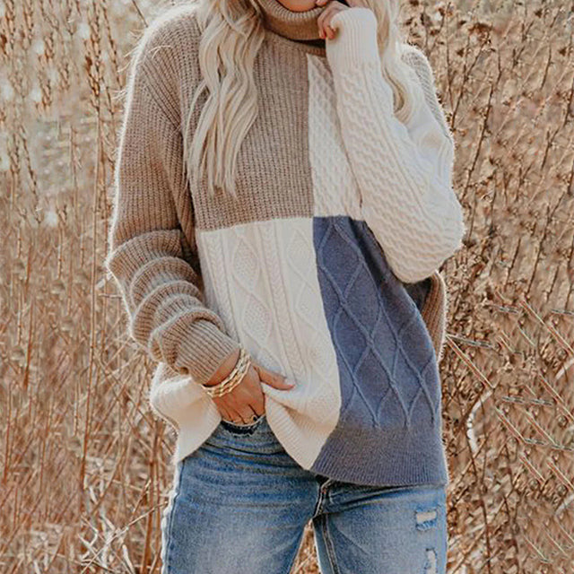 Women's multicoloured colour block cable knit turtleneck jumper