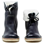 Lace-up mid-calf boots with round toes, stitched panels and flat soles