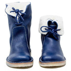 Lace-up mid-calf boots with round toes, stitched panels and flat soles