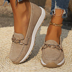 Women's flat loafers with chain buckle trim, contrast stitching and ridged soles