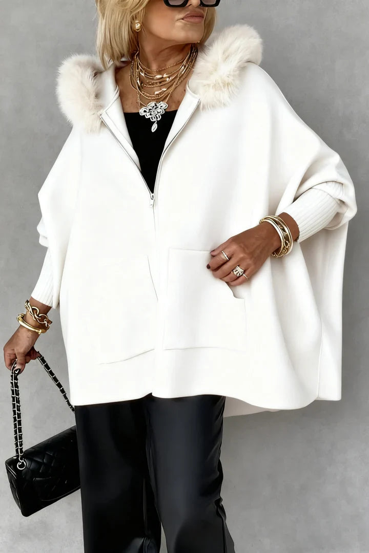 Women's relaxed hooded short cardigan with zip front, fluffy trim and front pockets