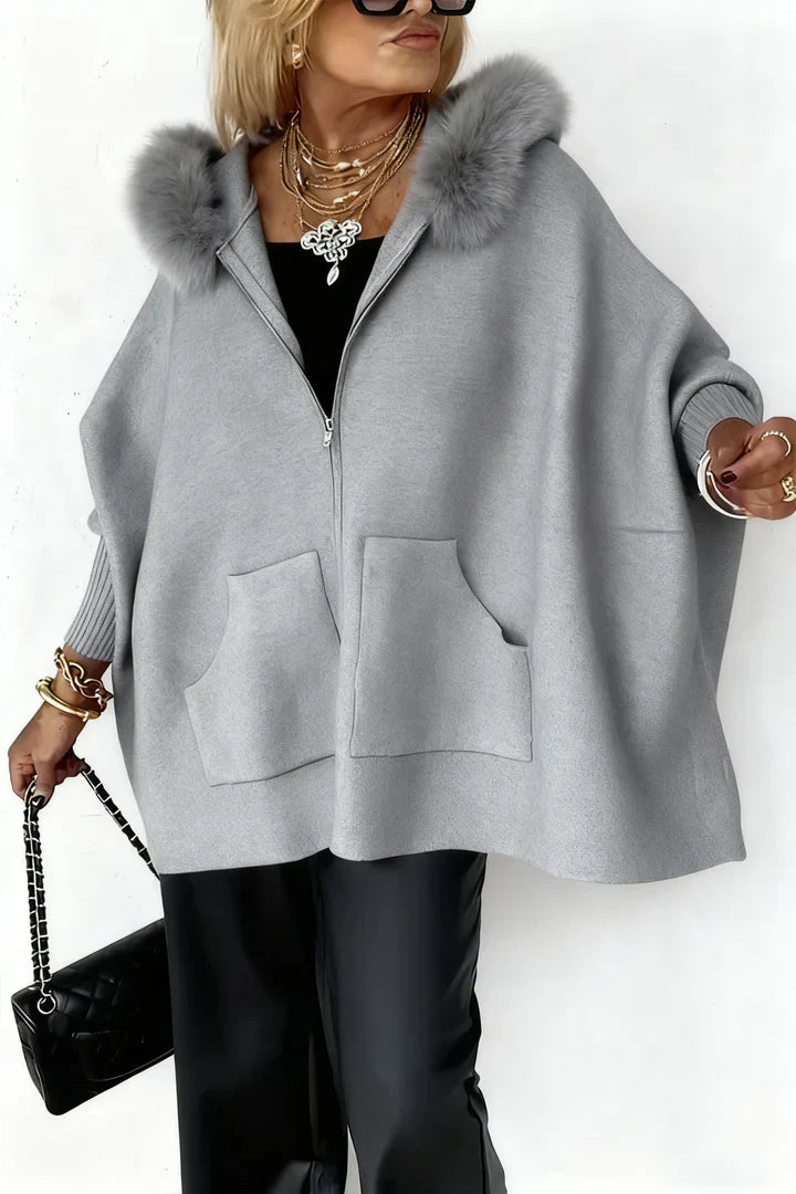 Women's relaxed hooded short cardigan with zip front, fluffy trim and front pockets