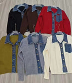 Women's ribbed knitted cardigan with denim-effect collar, button placket and chest pockets