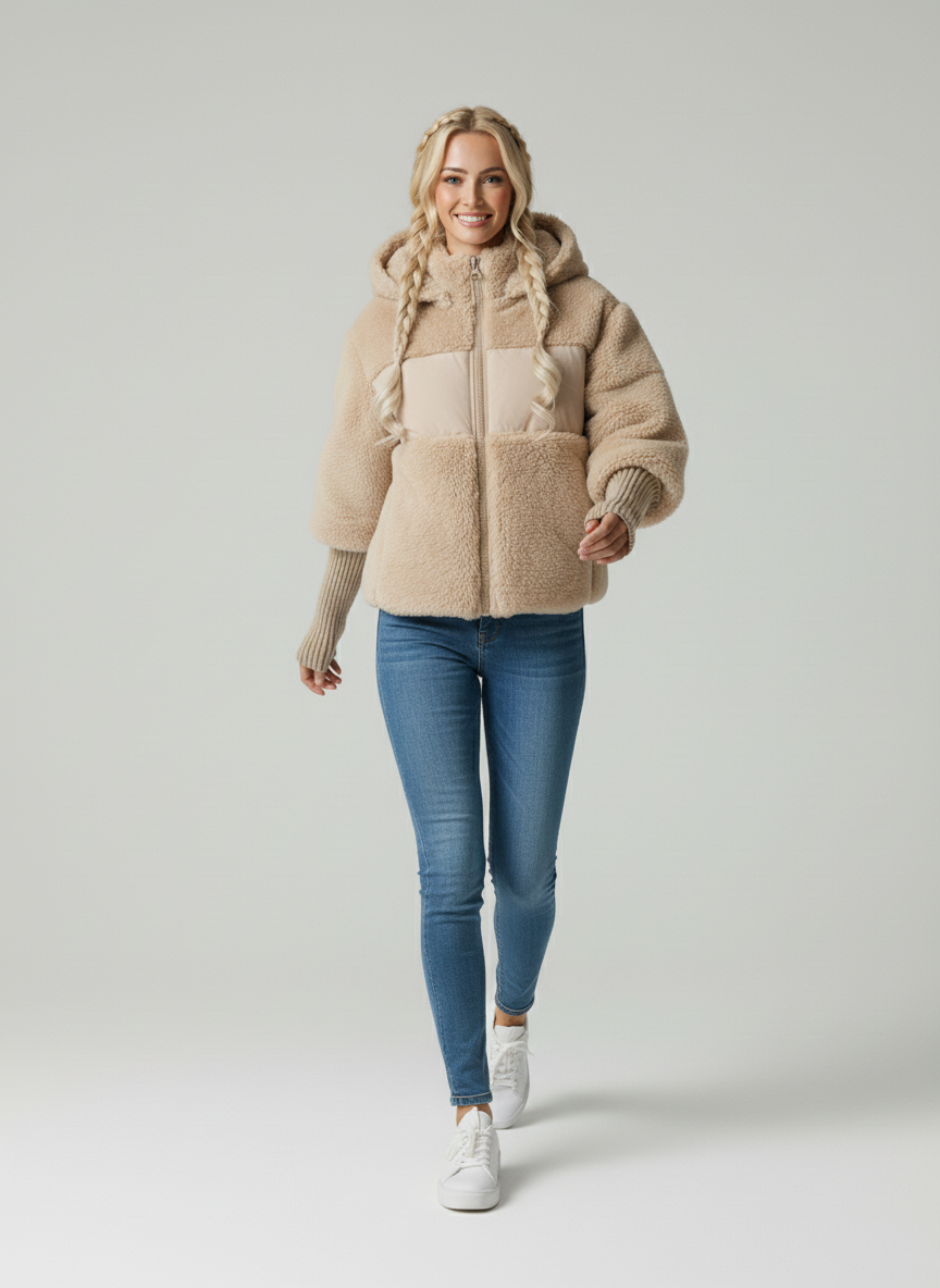 Women's hooded quilted puffer jacket with textured panels and ribbed cuffs