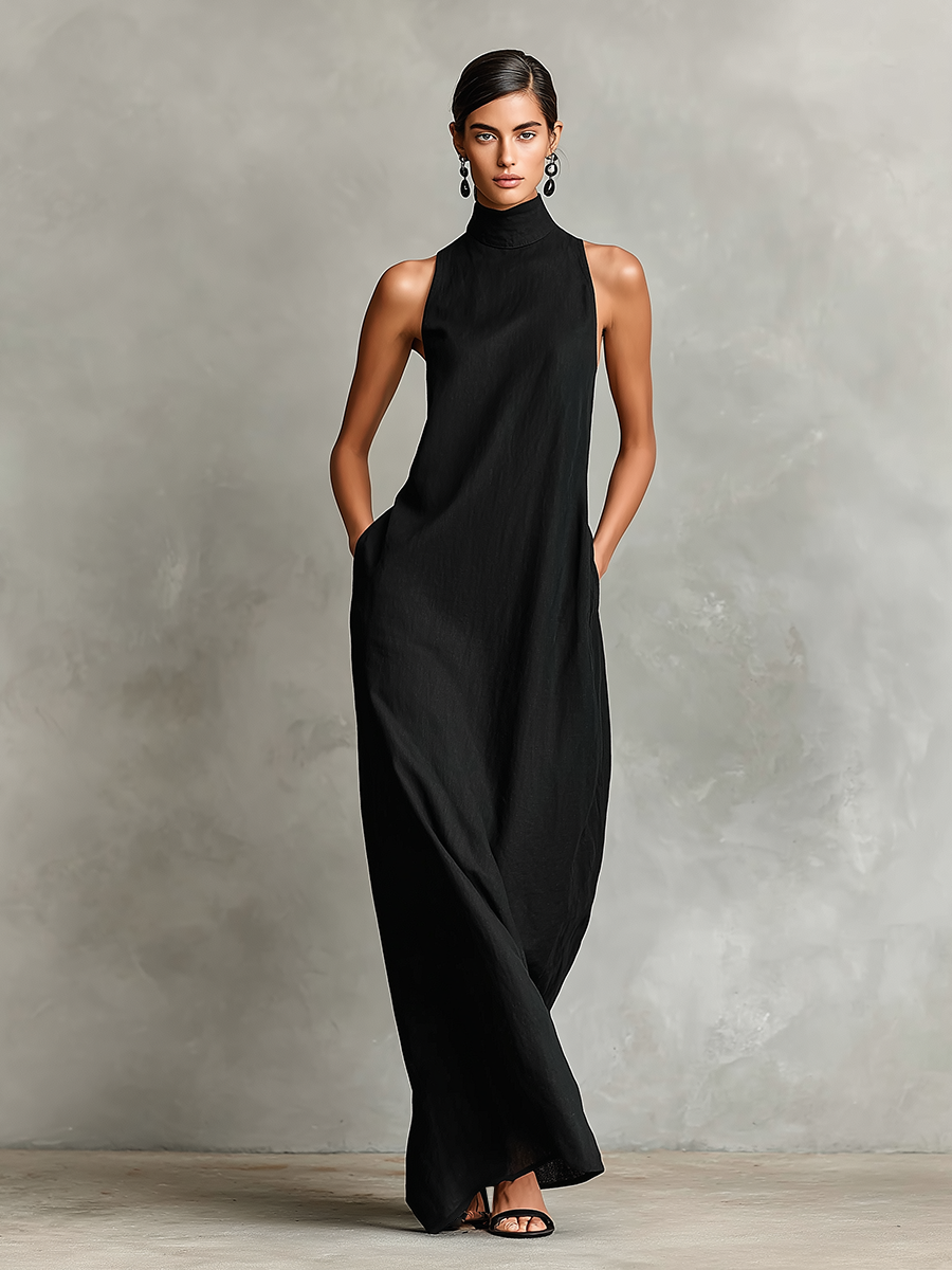Women's sleeveless high-neck maxi dress with side pockets